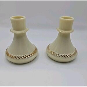 Vintage MCM Wheatonware Ivory Custard Glass Candlestick Holder Gold Trim Set 2